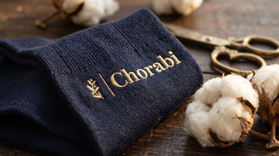 A navy sock with Chorabi embroidered in gold thread, cotton bolls and tailor's scissors