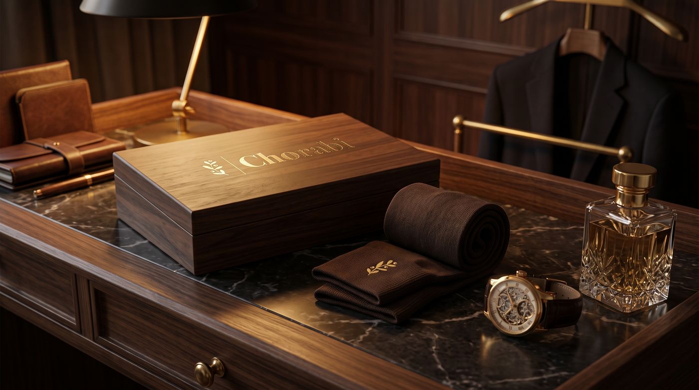 A walnut box with the Chorabi logo on a marble desk, folded brown socks, a gold watch and a perfume bottle