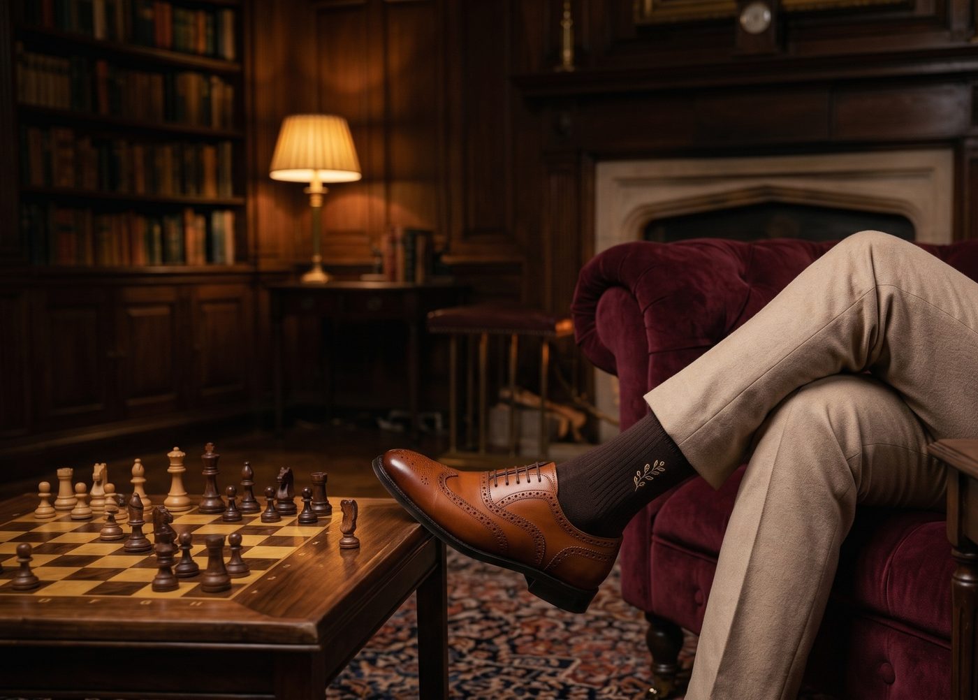 A gentleman at a chess table in a library, wearing brown Chorabi socks and brogues