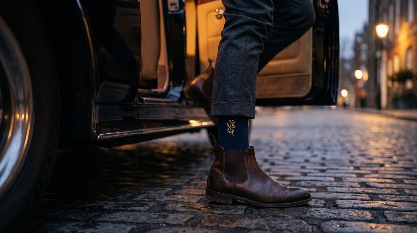 A gentleman stepping out of a classic car onto a cobbled street, wearing navy Chorabi socks and Chelsea boots