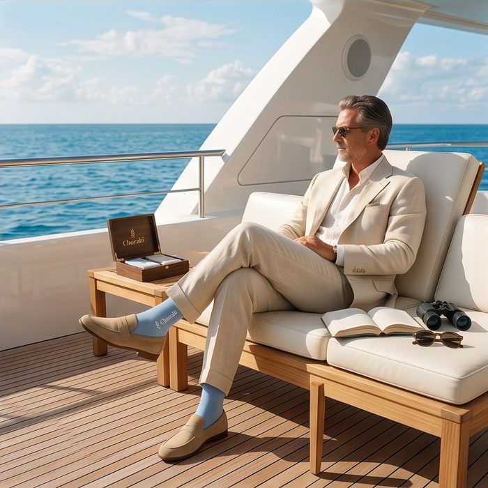 A gentleman relaxing on a yacht deck, with an open Chorabi sock box on the side table and light blue Chorabi socks on his feet