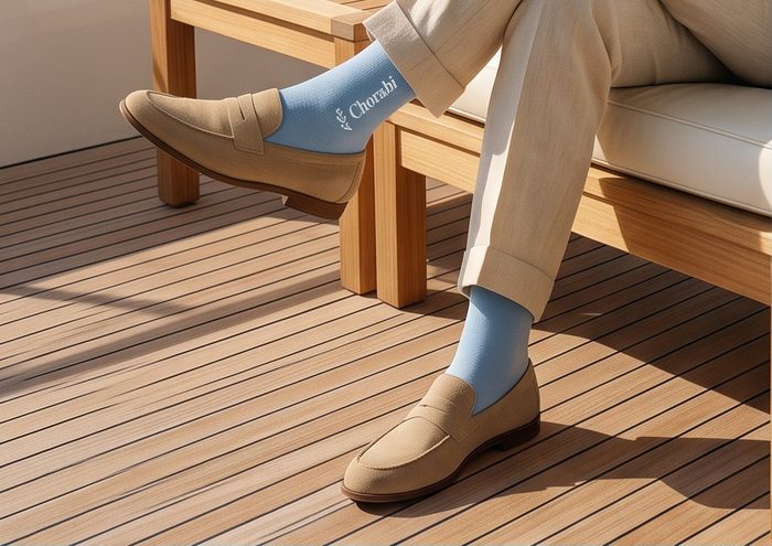 A gentleman sitting cross-legged on a teak deck in light blue Chorabi socks and suede loafers