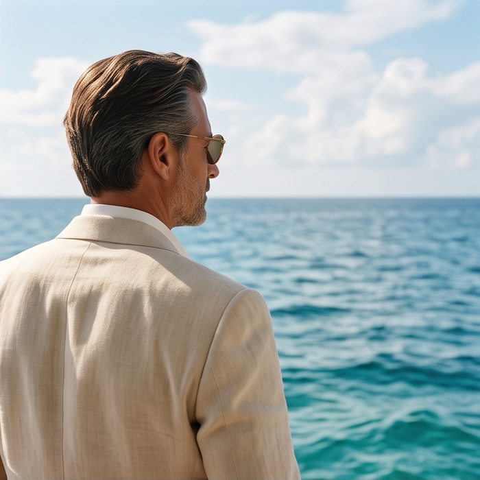 A gentleman in sunglasses and a linen jacket looking out over a turquoise sea