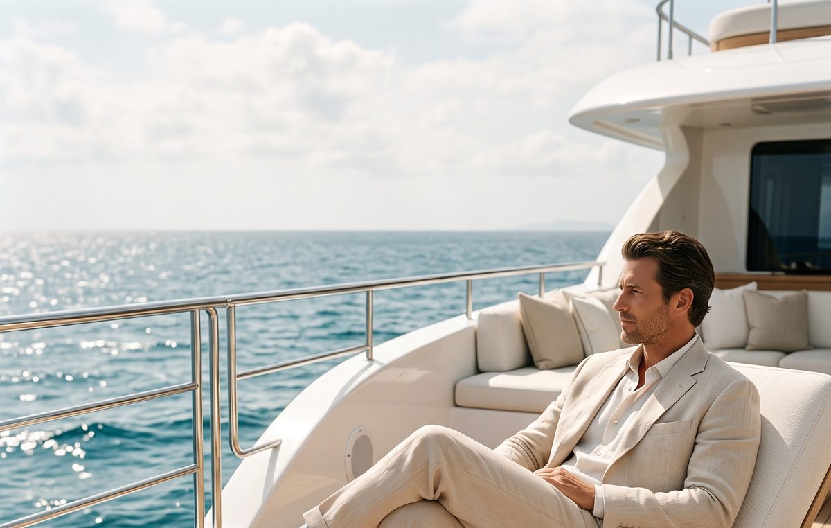A gentleman in a light beige linen suit gazing out to sea from the deck of a yacht