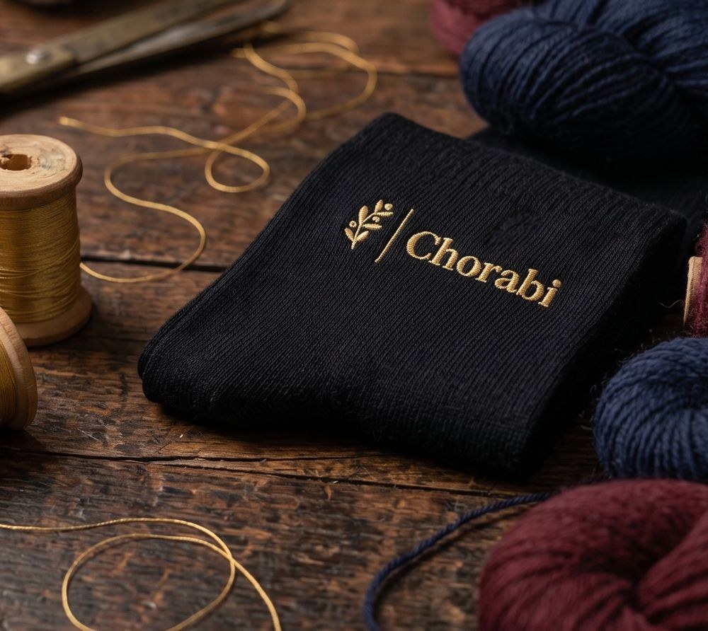 A black sock with Chorabi embroidered in gold thread, spools of gold thread and balls of wool